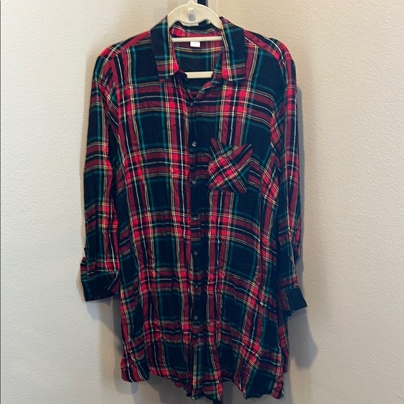 Red and Green Plaid Button-Up Shirt dress - Picture 1 of 3